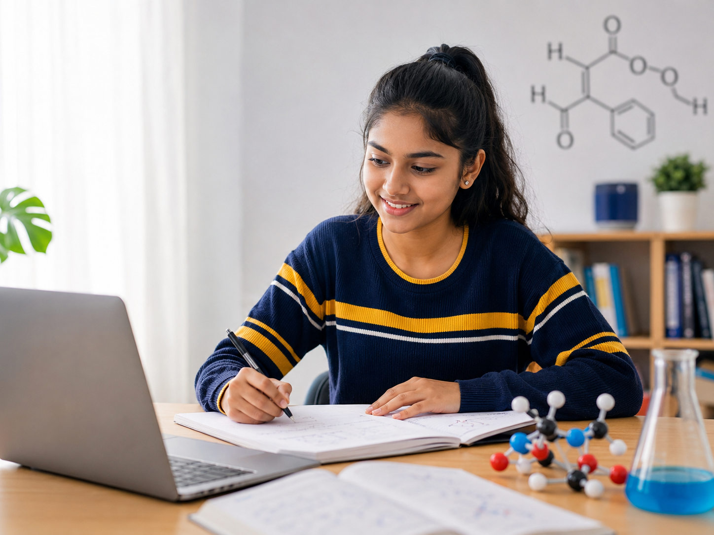 Open notebook with handwritten chemistry notes, periodic table flashcards and a cup of tea