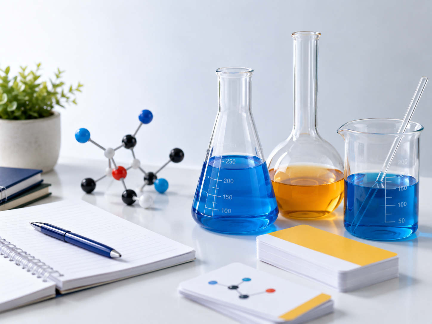 Chemistry laboratory glassware with coloured liquids
